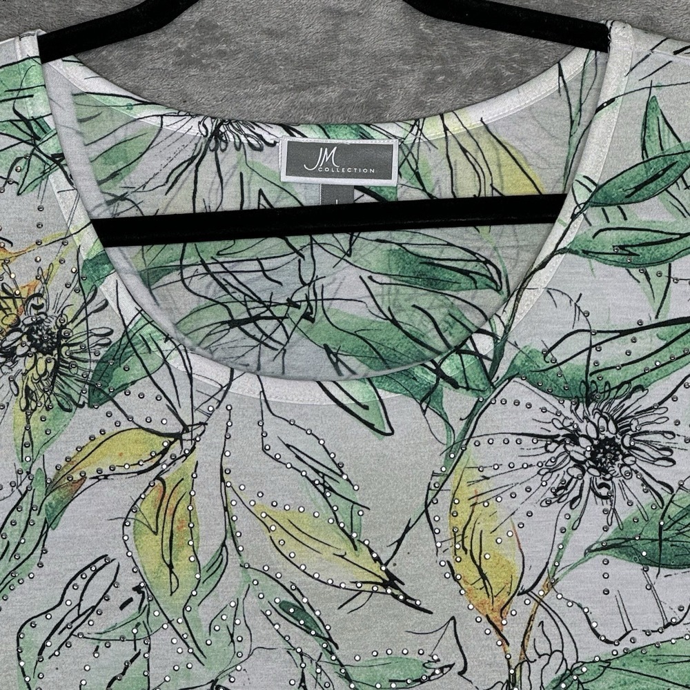 JM Collection Large Shirt Top Green Floral Flower Short Sleeve Scoop Neck Sequin - Picture 4 of 7
